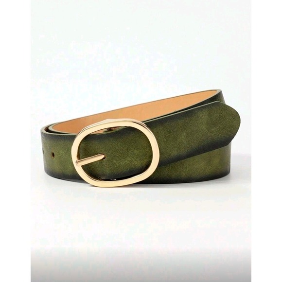 The Unbranded Brand Accessories - Women Olive Green Faux Leather Belt Gold Oval Buckle Casual Dress Jeans 44 inch